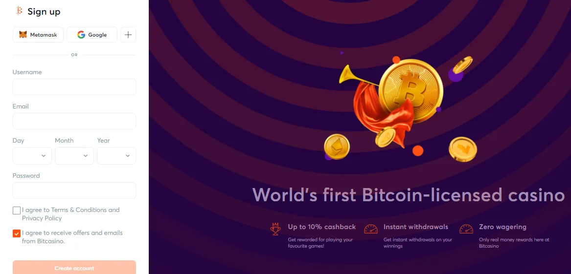 Зареєструватися в блокчейн казино Bitcasino Реєстрація в криптоказино Bitcasino