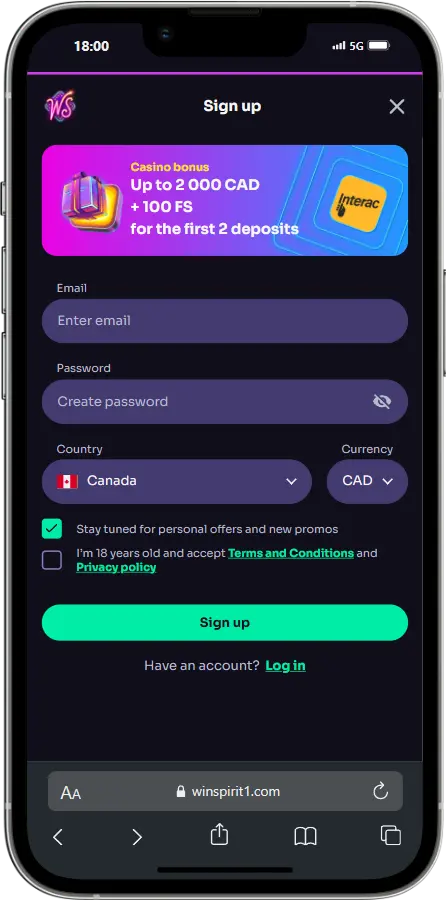 Sign Up at Winspirit Sign Up at Winspirit Screenshot