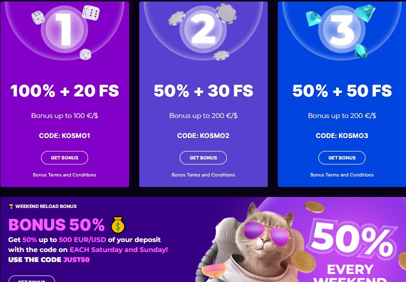 Bonuses Kosmonaut casino